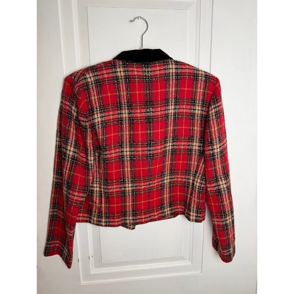 Positive Attitude Red Tartan Plaid Cropped Blazer Velvet Collar Clueless Size 8 - Picture 6 of 11